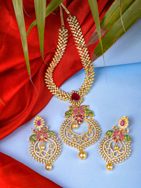 Gold Plated Big pendant style Multi AD studded Peacock design Necklace Earrings Set