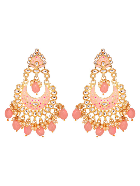 Gold Plated Pink Contemporary Chandbali Drop Earrings