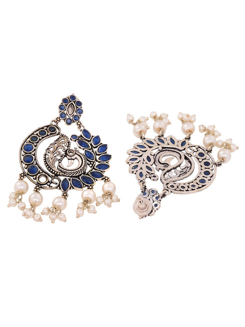 Silver Plated Oxidised Blue Peacock shaped Earrings
