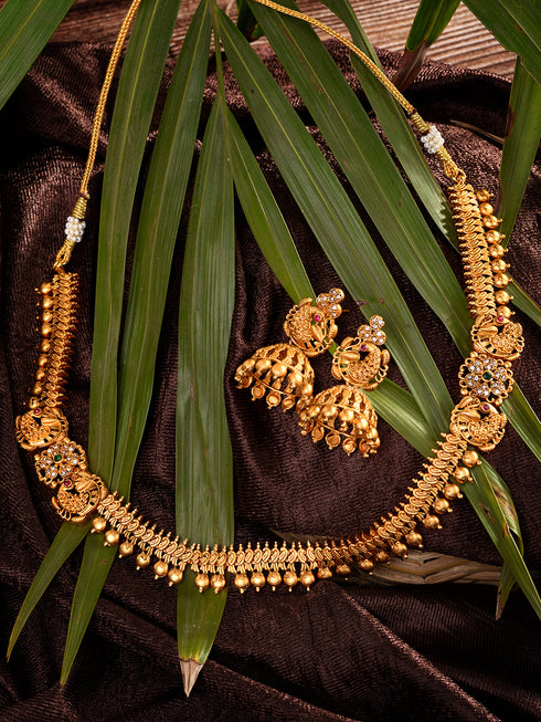 Gold Plated stone studded Peacock Temple Jewellery Set Jhumki Earrings