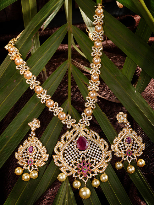 Gold Plated Red AD & Pearl studded Pendant Necklace and Earrings Set