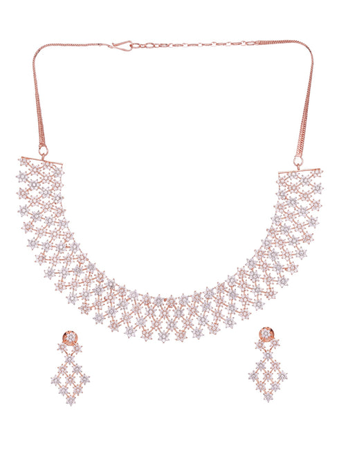 Rose Gold Plated White AD Studded Modern Necklace Jewellery Set Earrings
