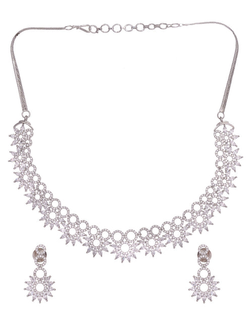 Silver Plated White AD studded Star Shaped Necklace Jewellery Set