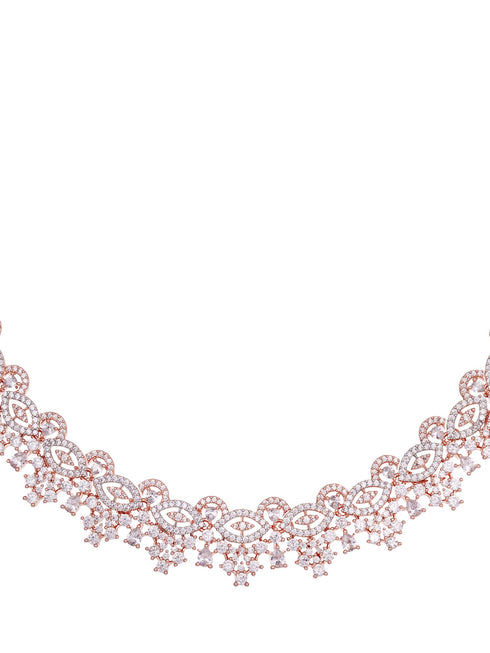 Rose Gold Plated White AD Studded Necklace Jhumka Jewellery Set