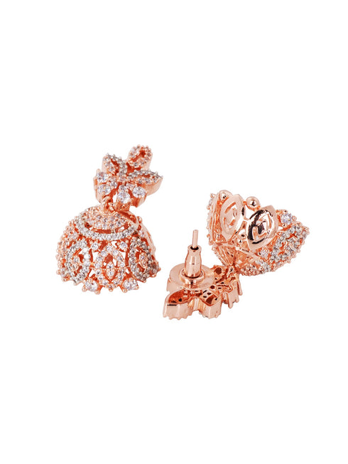 Rose Gold Plated White AD Studded Necklace Jhumka Jewellery Set