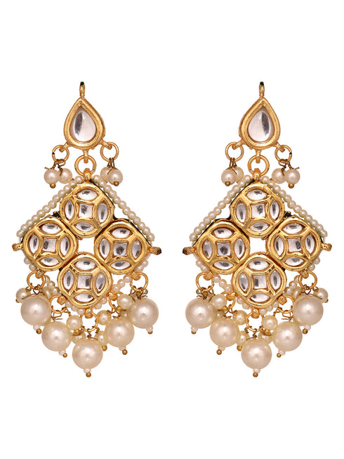 Gold Plated Kundan Studded & Pearl Beaded Square Drop Earrings