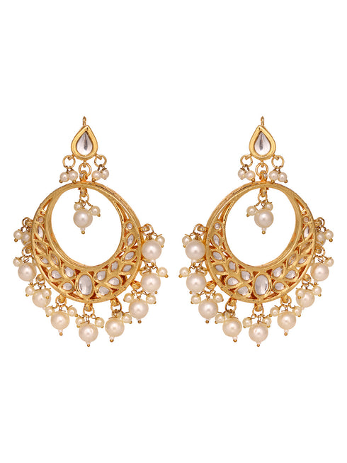 Gold Toned Kundan Studded & Pearl Beaded Designer Circular Earrings