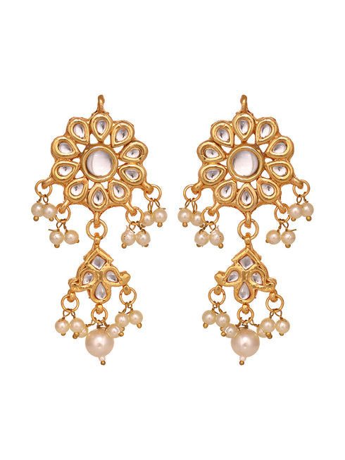 Gold Plated Kundan Studded & pearl BeadedFloral Drop Earrings