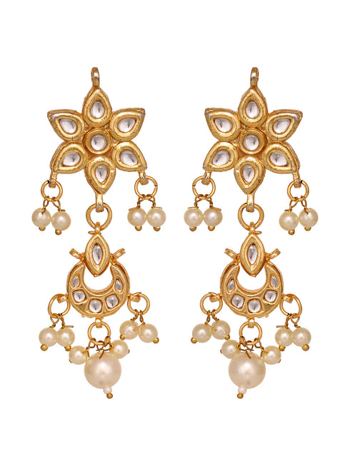 Gold Plated Kundan Studded Floral Chand Earrings