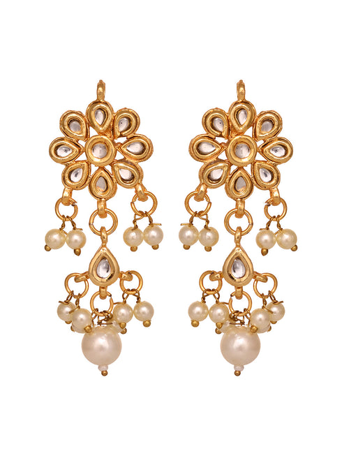 Gold Plated Kundan Studded Floral Paan Earrings