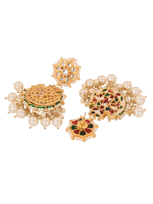 Off White Gold Toned Kundan Studded & Pearl Beaded Chandbalis