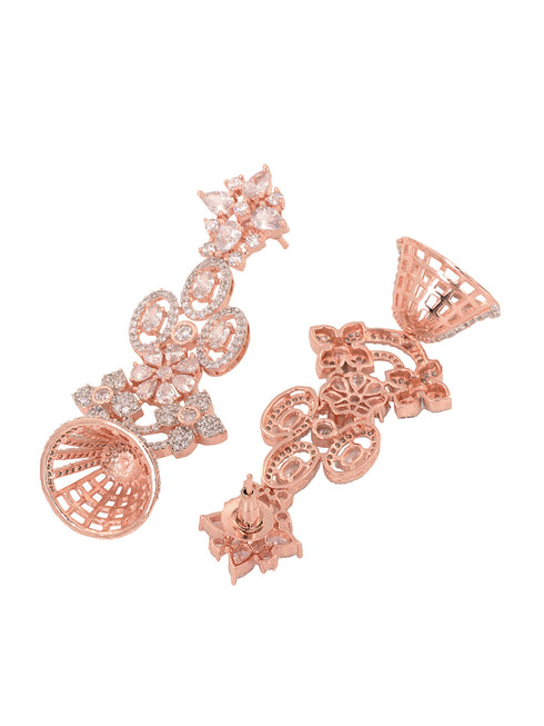 Rose Gold Plated White AD Studded Modern Floral Jhumki Earrings