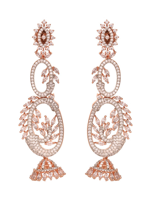 Rose Gold Plated White AD Studded Designer Dropdown Jhumki Earrings