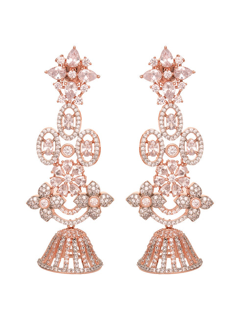 Rose Gold Plated White AD Studded Modern Floral Jhumki Earrings