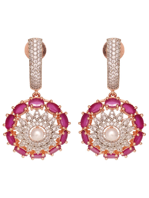 Rose Gold Plated Red AD Studded Solar Drop Earrings