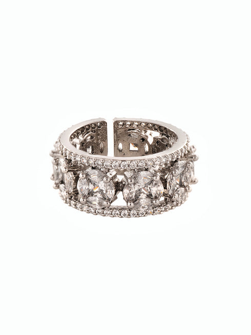 Silver Rhodium Plated White AD Studded Band Challa Finger Ring