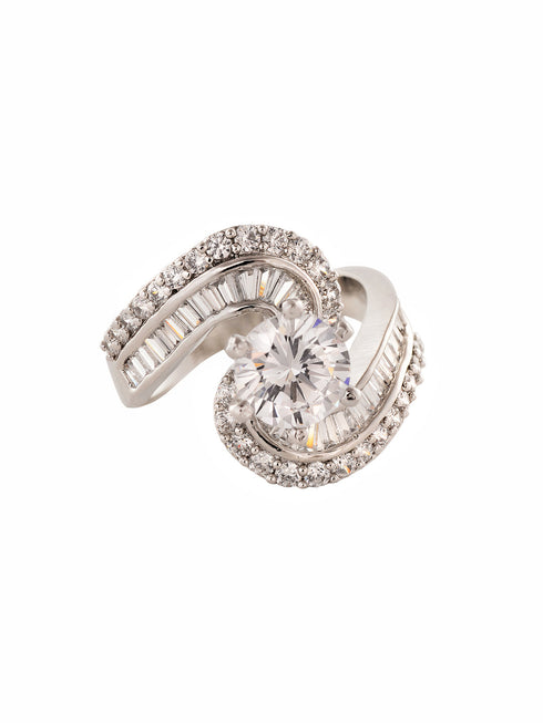White Rhodium plated AD Studded Solitaire Victorian Finger Ring