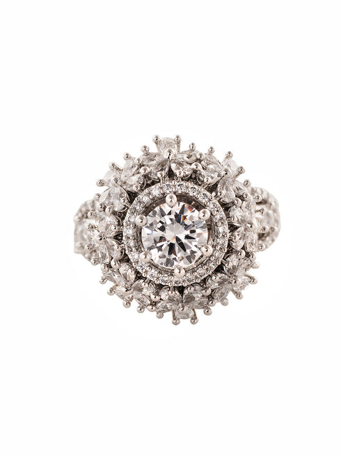 Silver Plated White AD Studded Cluster Finger Ring