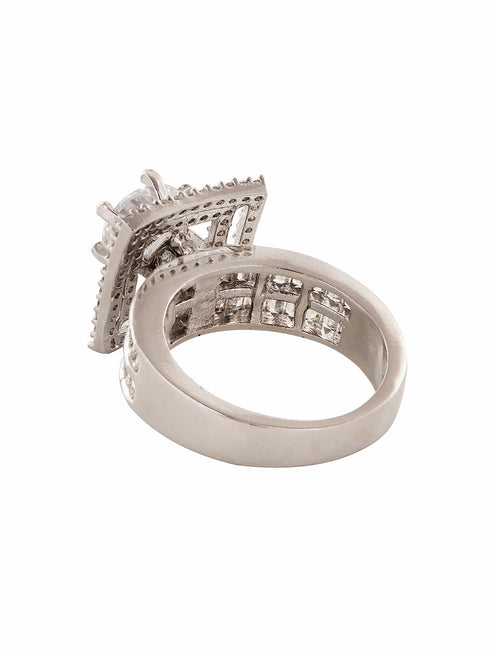 Silver Toned White AD Studded Solitaire Square Finger Ring