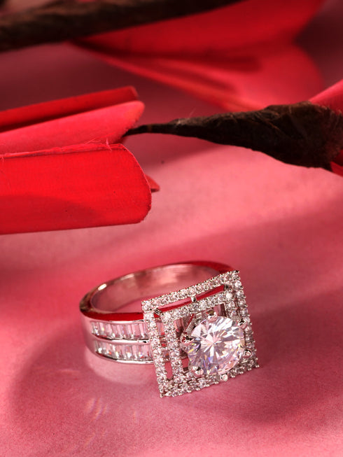 Silver Toned White AD Studded Solitaire Square Finger Ring