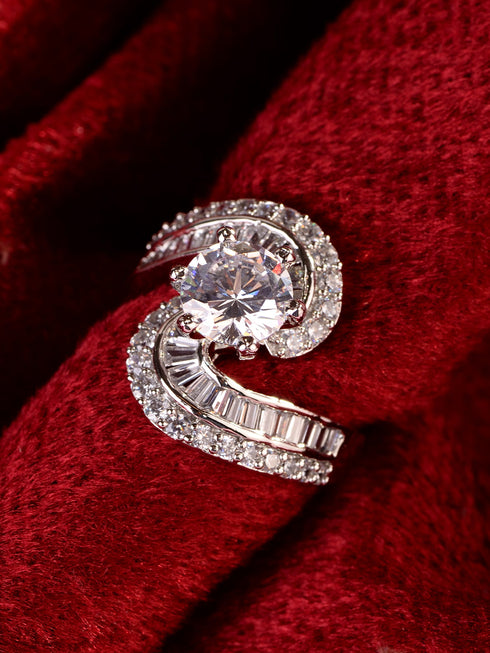 White Rhodium plated AD Studded Solitaire Victorian Finger Ring
