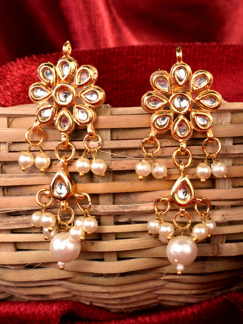 Gold Plated Kundan Studded Floral Paan Earrings