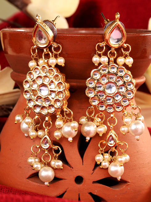 Gold Plated Kundan Studded & Pearl Beaded floral Earrings