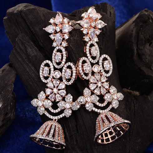 Rose Gold Plated White AD Studded Modern Floral Jhumki Earrings