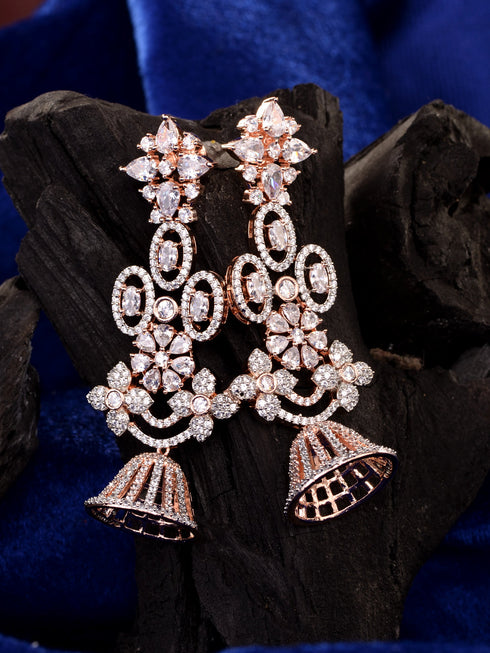 Rose Gold Plated White AD Studded Modern Floral Jhumki Earrings