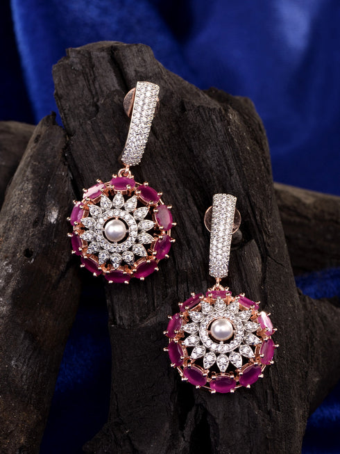Rose Gold Plated Red AD Studded Solar Drop Earrings