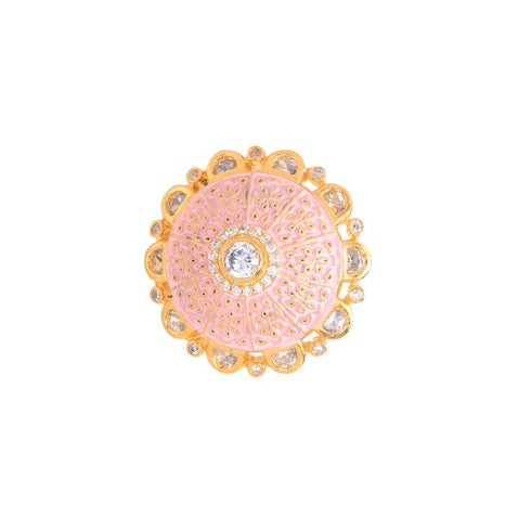 Gold plated Pink colourAmerican Diamond studded handcrafted adjustable Ring for Women & Girls