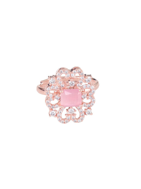 Rose Gold plated Pink AD studded handcrafted adjustable Ring for Women & Girls