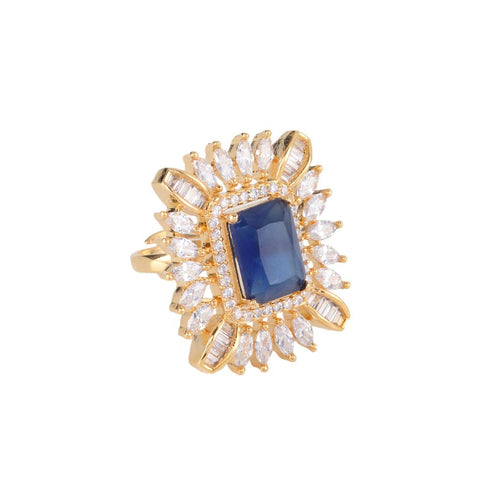 Gold plated Blue AD studded handcrafted adjustable Ring for Women & Girls