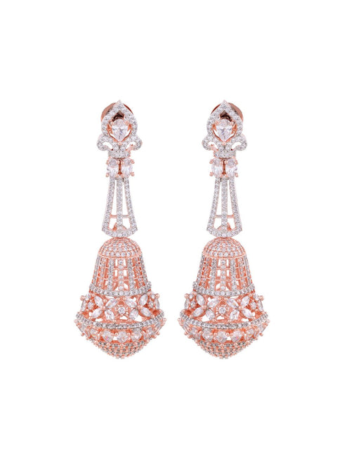 Rose Gold plated White AD studded handcrafted Bell shaped Jhumka for Women & Girls