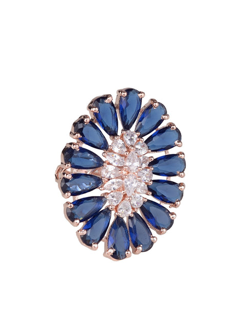 Sapphire and AD encrusted Floral Ring Blue Diamond Handcrafted Adjustable