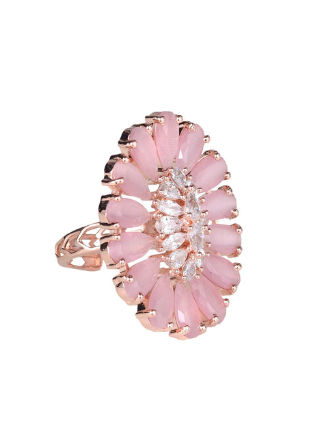 Rose Quartz and AD encrusted Floral Ring Baby Pink Pastel Diamond Handcrafted Adjustable