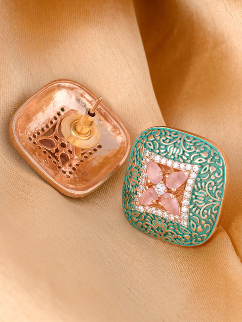 Teal Enamelled Studs Green Meenakari & Pastel Pink AD small earrings