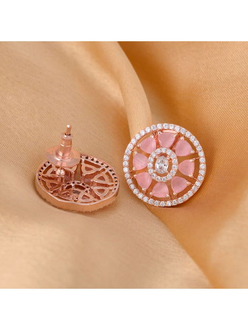 Elegant Pastel Pink Floral Studs AD encrusted Rose gold plated small earrings