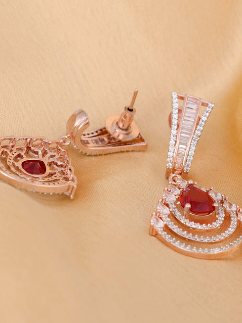 Modern Ruby danglers Red drop earrings AD studded Rose gold plated