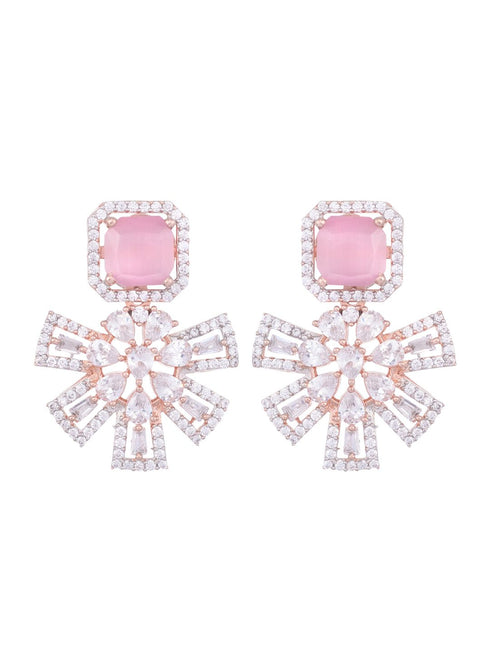 Exquisite Rose Quartz Floral design pink earrings Rose gold plated AD studded