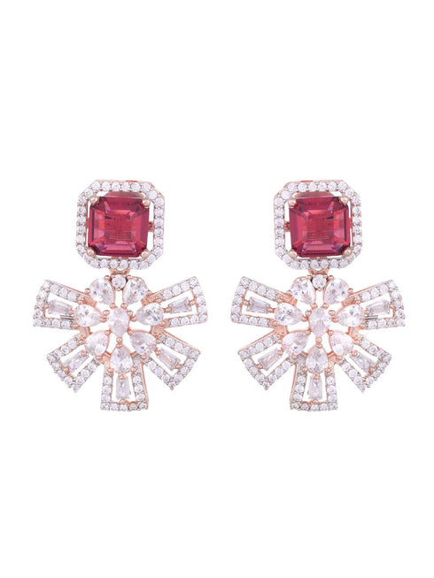 Exquisite Ruby Floral design red earrings Rose gold plated AD studded