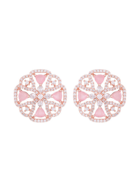 Crown Design Rose Quartz Studs Pastel Pink Tops AD encrusted Rose gold plated Earrings
