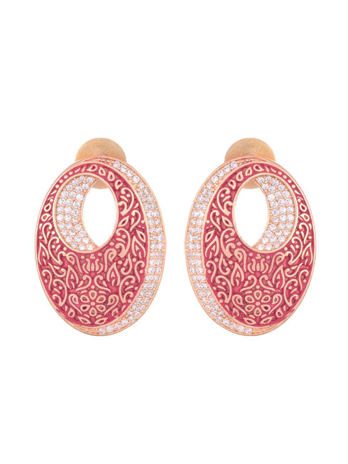 Oval Red Meenakari Small Earrings High Quality Enamelled Rose Gold Plated