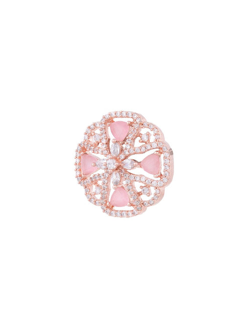 Crown Design Rose Quartz Studs Pastel Pink Tops AD encrusted Rose gold plated Earrings