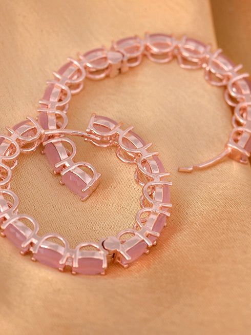 Rose Quartz studded Hoops Rose Gold Plated Pastel Baby Pink Round Big Earrings
