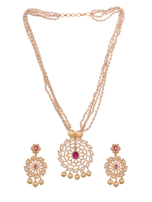 Gold Plated Multi AD Studded & Pearl Beaded traditional Pendant Jewellery Set