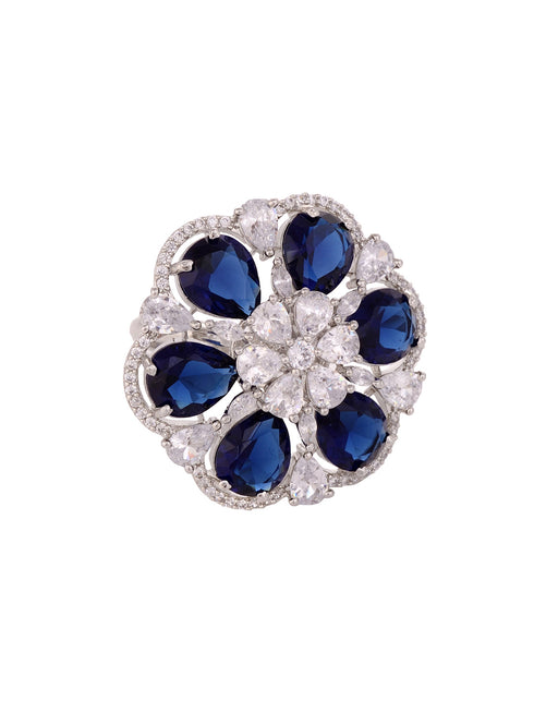 Silver Rhodium Blue AD Studded Adjustable Finger Ring