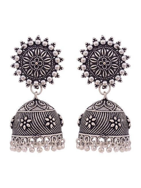 Silver Toned Oxidised Jhumka Earrings