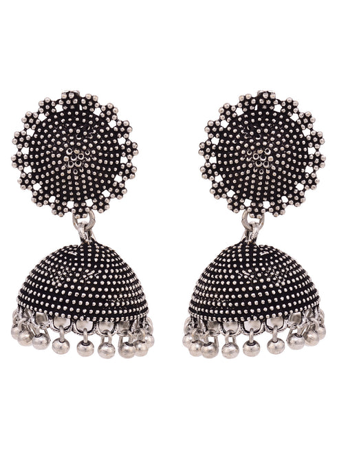 Silver Toned Oxidised Filigree Jhumka Earring