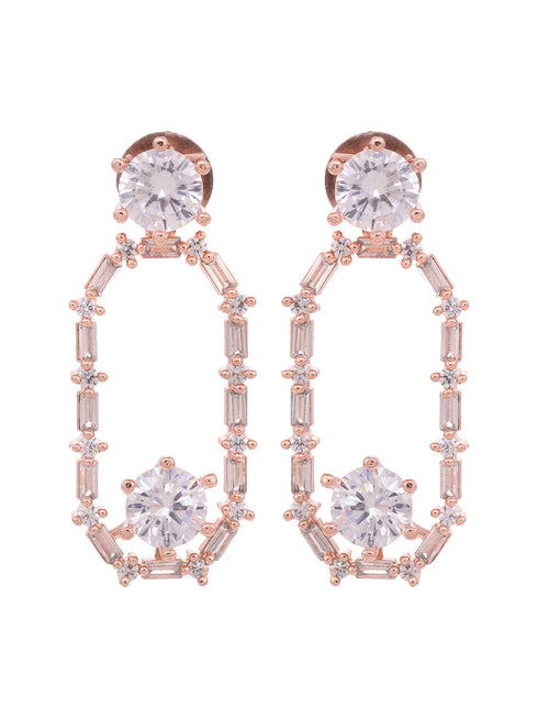 Rose Gold Plated White AD Studded Modern Dangler Earrings